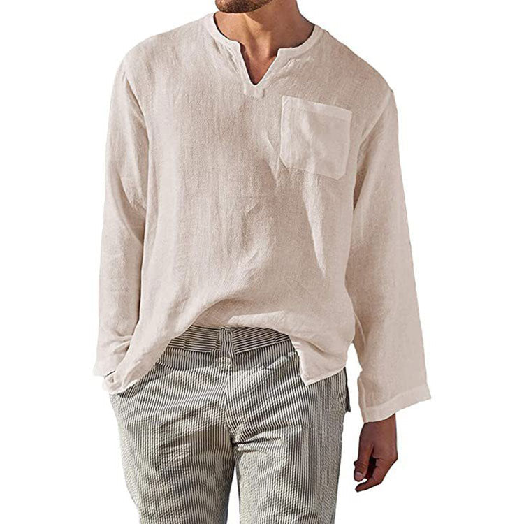Men's Linen Long Sleeve Shirt with Henley Neckline and Chest Pocket Lune London