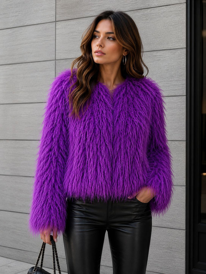 Women Short-Cut Shaggy Faux Fur Jacket with Round Neck, Extra Soft Long Hair and Casual Fit Amarae