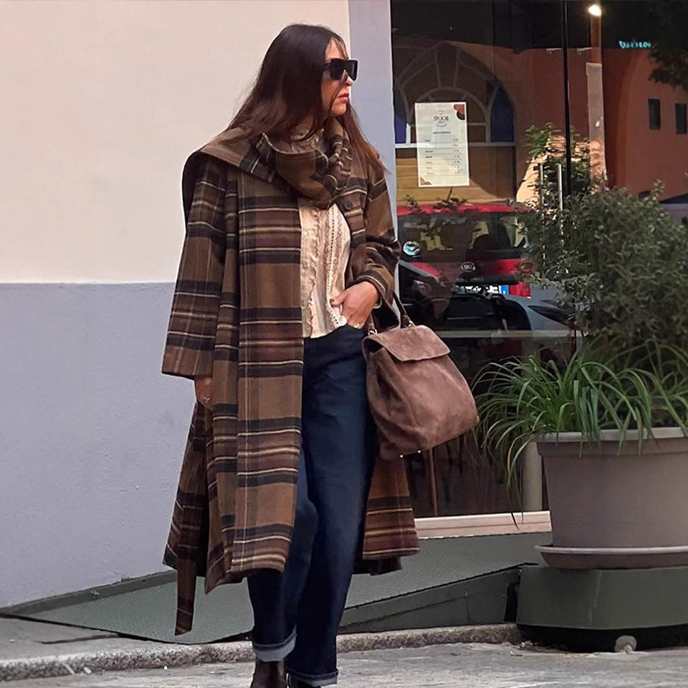 Ladies long coat in check look made of wool mix with oversized stand-up collar and bell sleeves Amarae