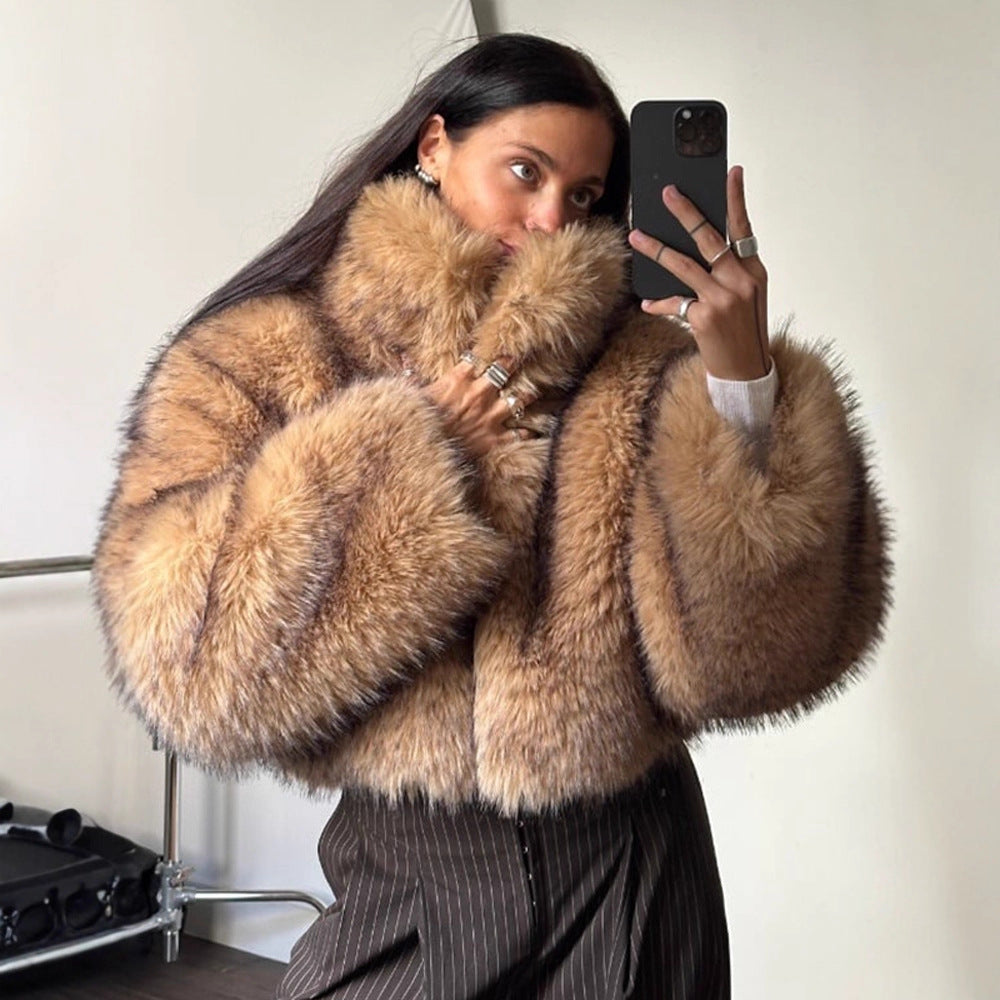 Ladies Luxury Faux Fur Cropped Bomber with Oversized Sleeves and High Shawl Collar Amarae