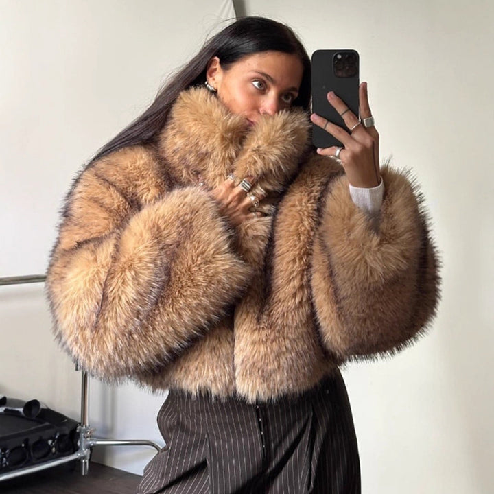 Ladies Luxury Faux Fur Cropped Bomber with Oversized Sleeves and High Shawl Collar Amarae