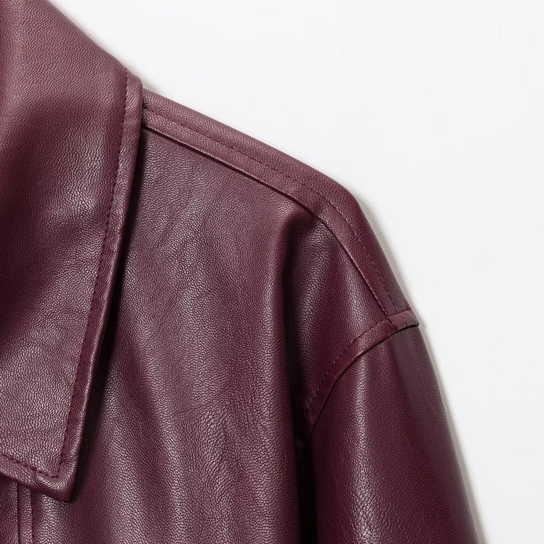 Fashionable faux leather jacket for women with elastic belt and high collar Lune London