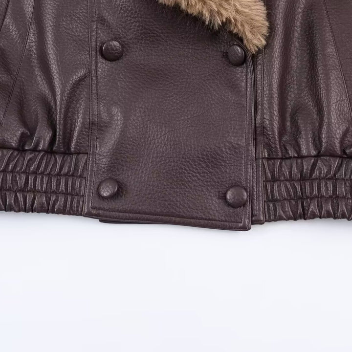 Women's Faux Leather Bomber Jacket with Large Faux Fur Collar Amarae