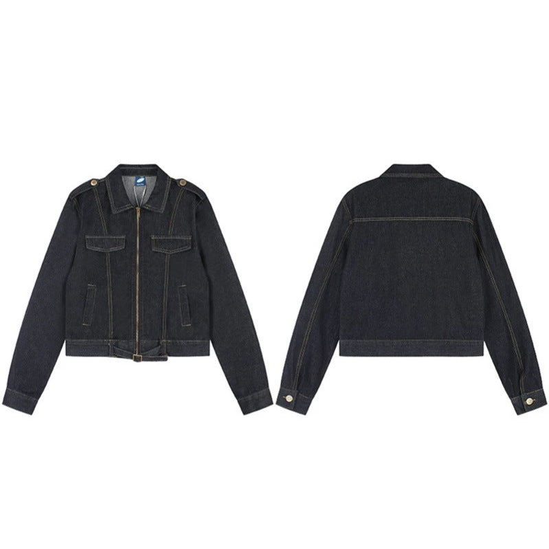 Women Short Cut Denim Jacket with Epaulettes, Zipper and Waist Belt Amarae