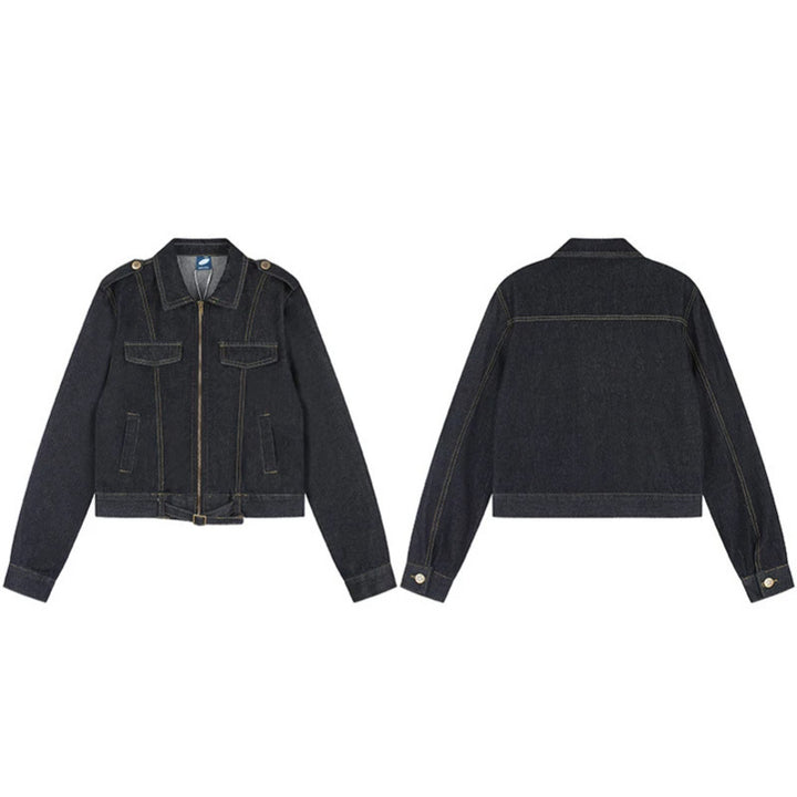 Women Short Cut Denim Jacket with Epaulettes, Zipper and Waist Belt Amarae