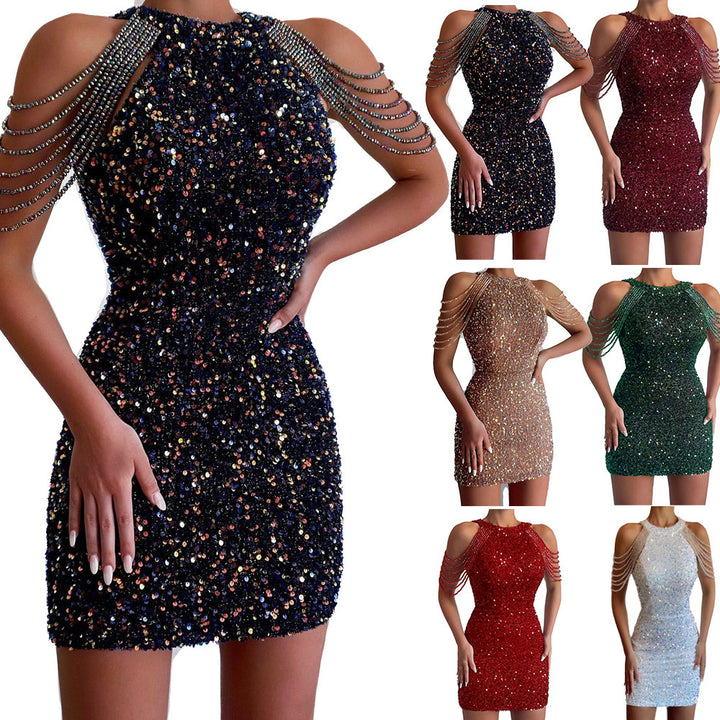 Women's mini dress with shiny sequin embellishment and elegant chain sleeves Lune London