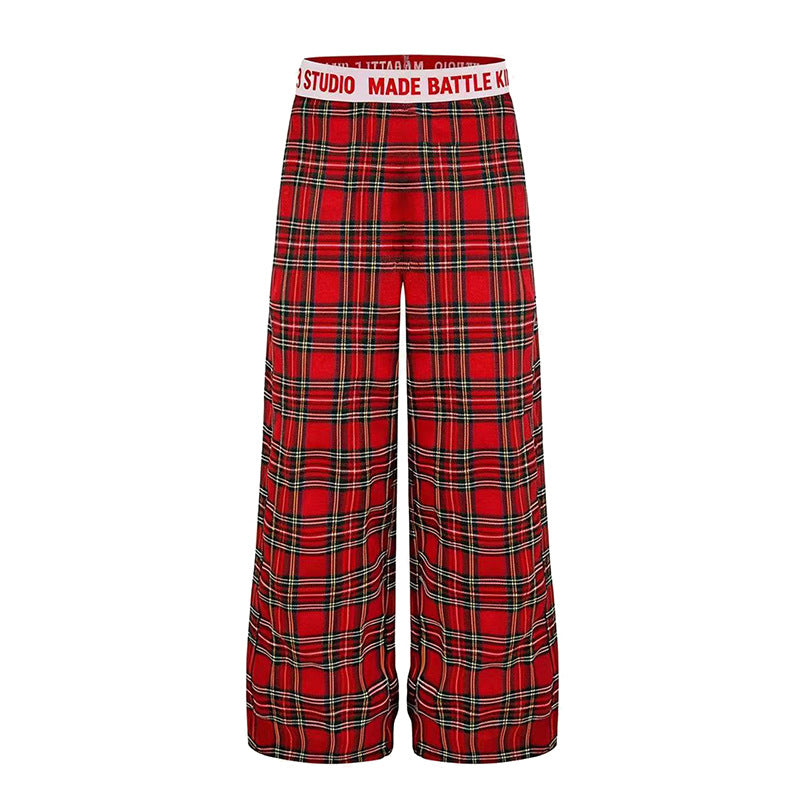Ladies Wide Lounge Pants with Check Pattern and Elastic Logo Waistband Amarae