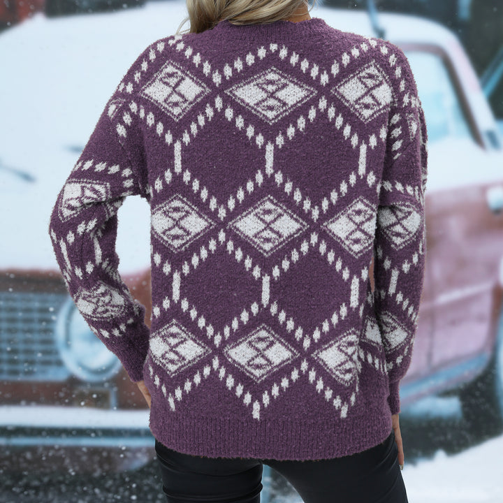 Knit sweater for women with V-neck and geometric pattern Lune London