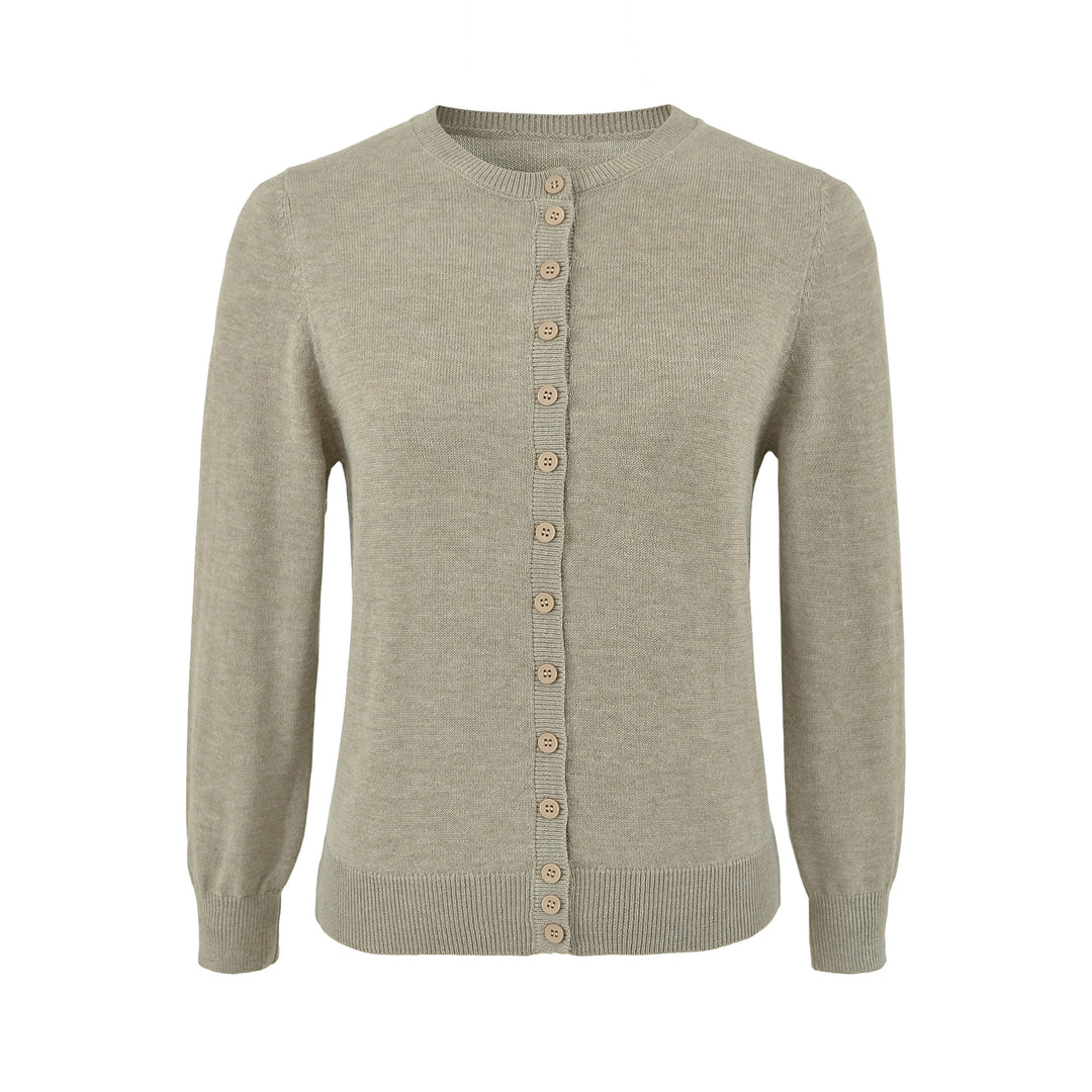 Ladies finely knitted round neck cardigan with button placket and ribbed cuffs Amarae