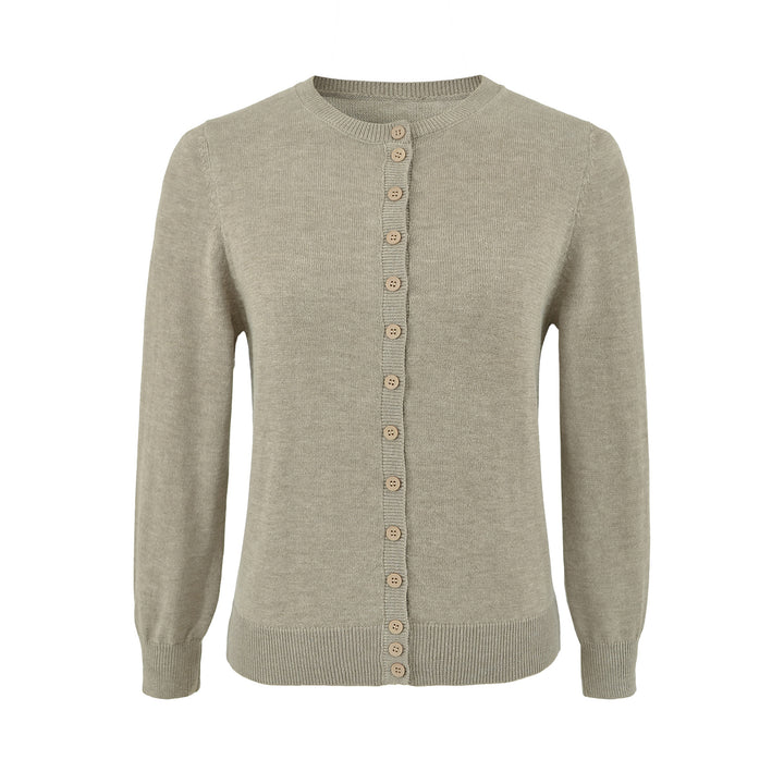 Ladies finely knitted round neck cardigan with button placket and ribbed cuffs Amarae