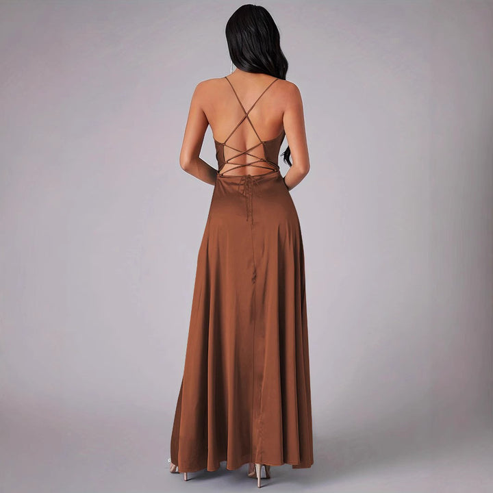 Ladies Elegant Maxi Dress with Deep Neckline and High Slit Lune London