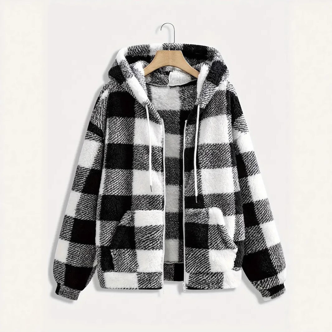 Lune London Women's Hooded Plush Jacket with Plaid Pattern