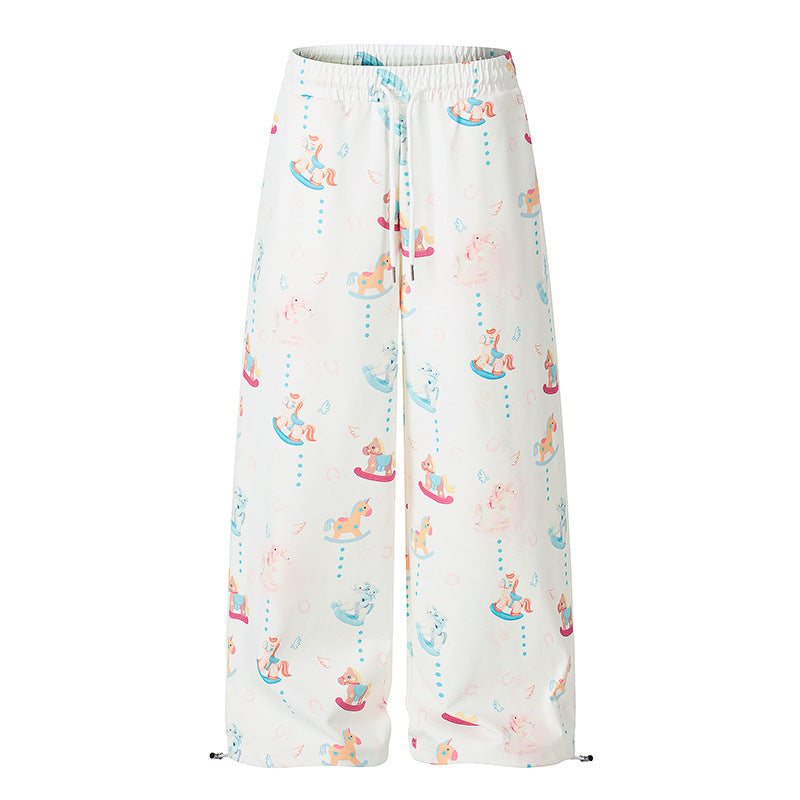 Women's Wide Palazzo Lounge Pants with Comfortable Waistband, Drawstring and Playful Rocking Horse Print Amarae