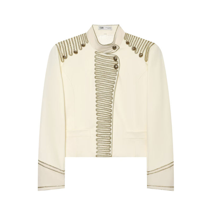 Women's Military Style Short Blazer with Decorative Trim and Stand-Up Collar Amarae