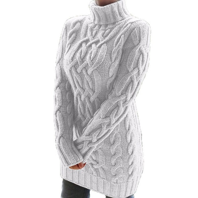 Chunky knit pullover for women with high collar and cable knit pattern Lune London