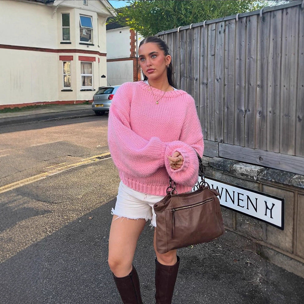 Women Oversize Chunky Knit Sweater with Balloon Sleeves and Wide Ribbed Collar Amarae