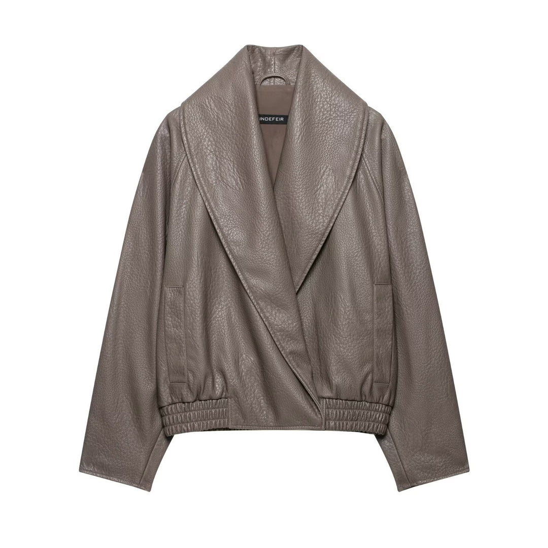 Women's Short Tailored Leather-Look Jacket with Oversized Shawl Collar and Gathered Hem Amarae