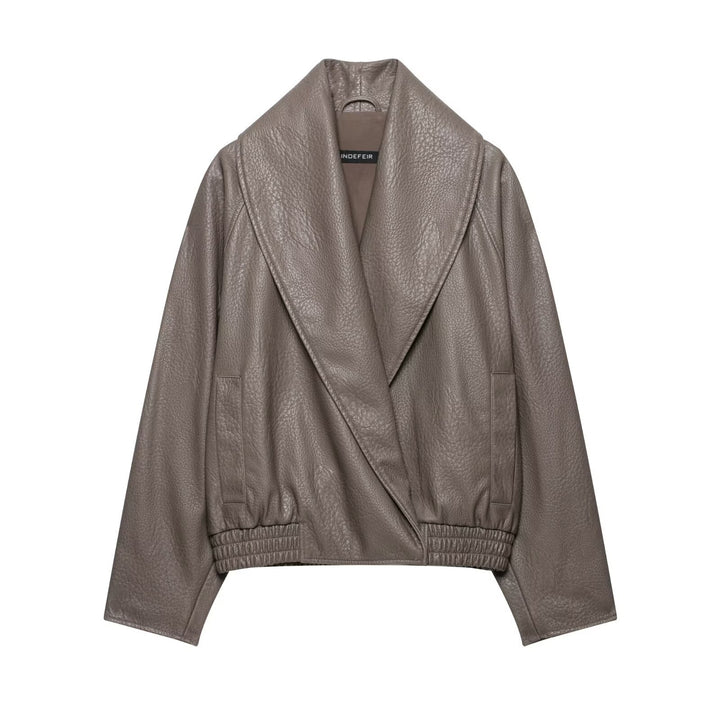 Women's Short Tailored Leather-Look Jacket with Oversized Shawl Collar and Gathered Hem Amarae