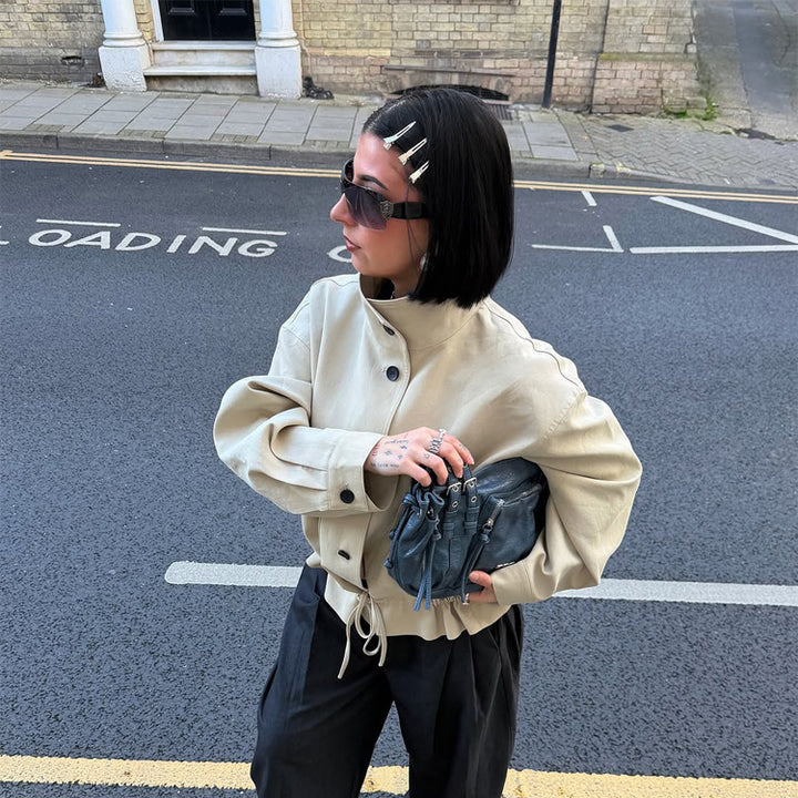 Women's Short-Cut Oversized Canvas Blouson with Stand-Up Collar Amarae