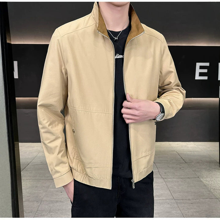 Men's Minimalistic City Zip Jacket made of microfiber with stand-up collar, concealed pockets, and elastic hem Amarae