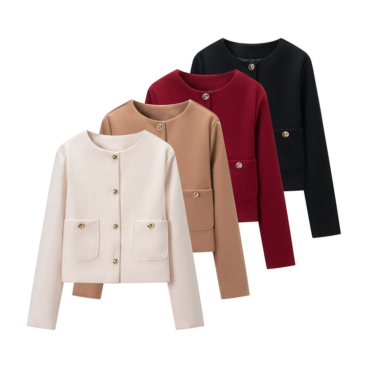 Women's cropped wool blend jacket with round neck, patch pockets and gold decorative buttons Amarae