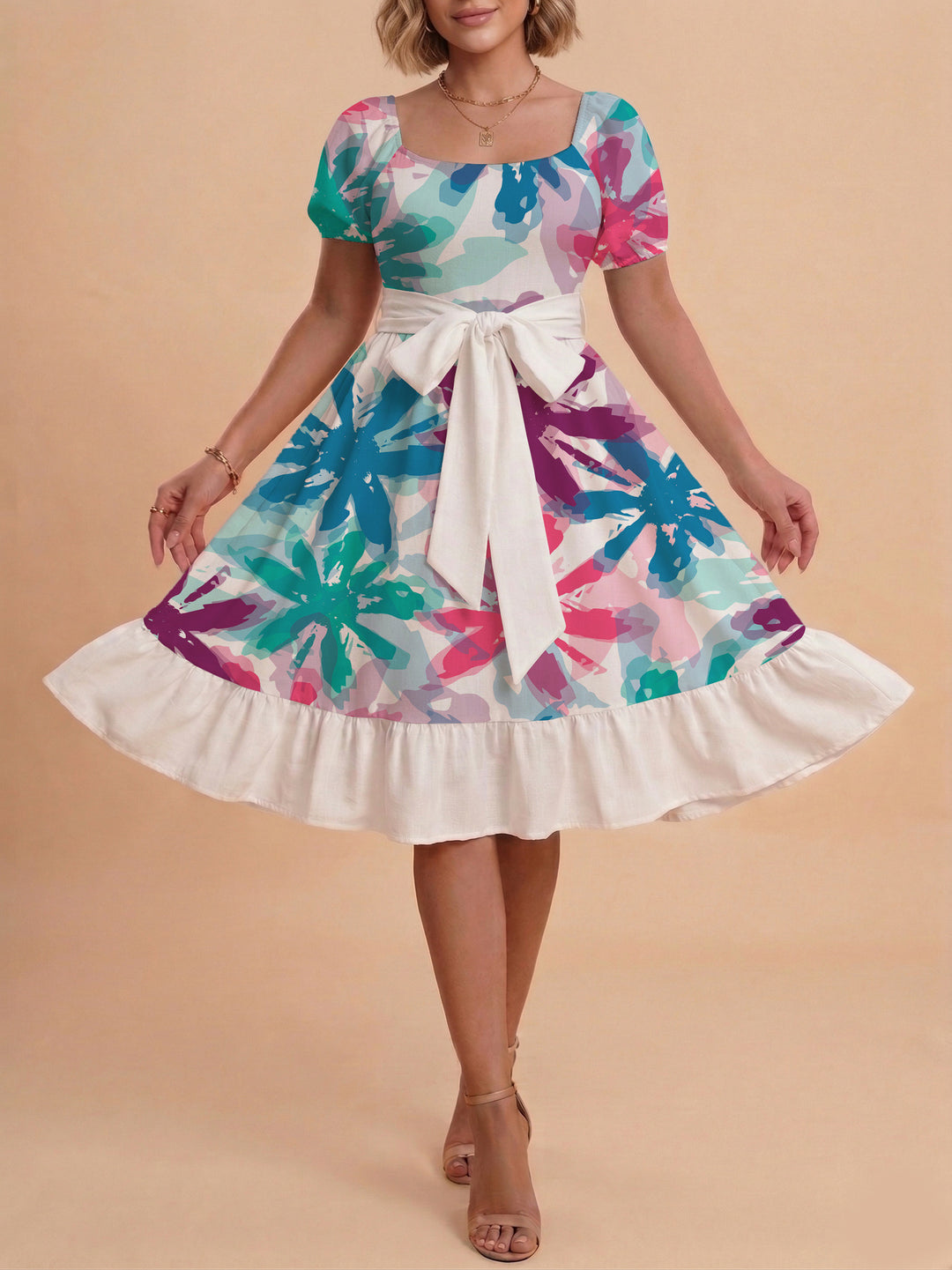 Women's floral dress with adjustable belt and voluminous sleeves Lune London