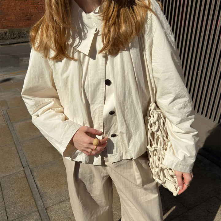 Women's Lightweight Cropped Blouse Jacket with Boxy Silhouette, Oversized Shirt Collar and Balloon Sleeves Amarae