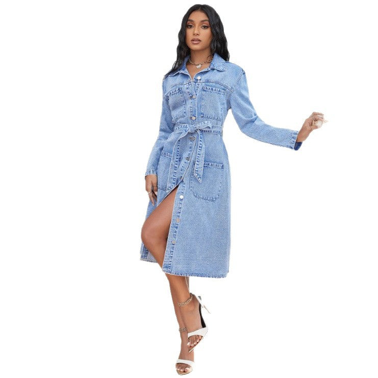 Ladies' midi dress made of denim with a waist belt and continuous button placket Amarae