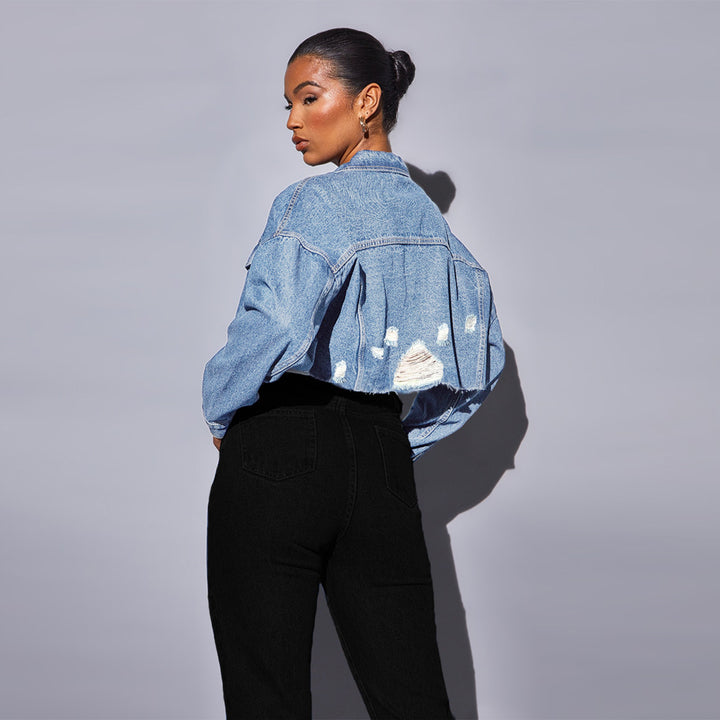 Women's cropped denim jacket with raw hem, wide sleeves, and boxy fit Amarae