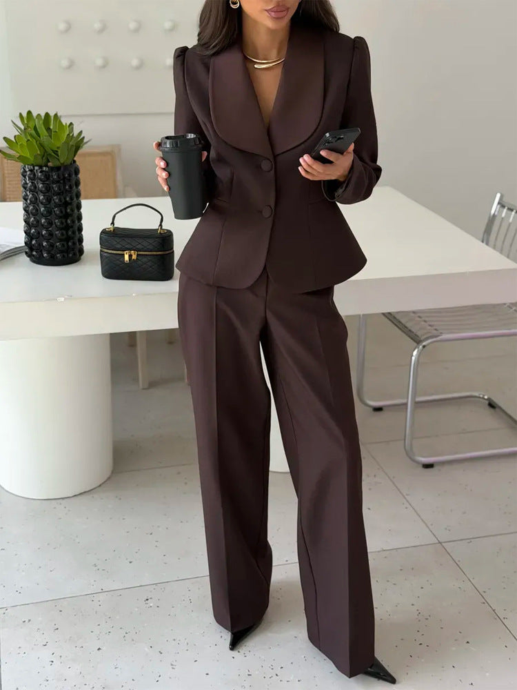 Women's Tailored Blazer with Oversized Shawl Collar and High-Waisted Wide Leg Pants Amarae