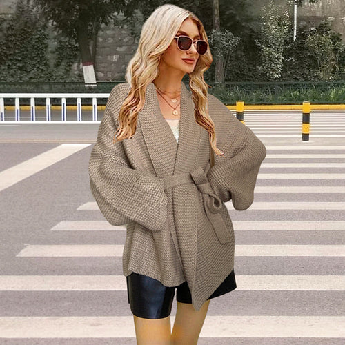 Ladies large knit cardigan with belt and loose fit Amarae