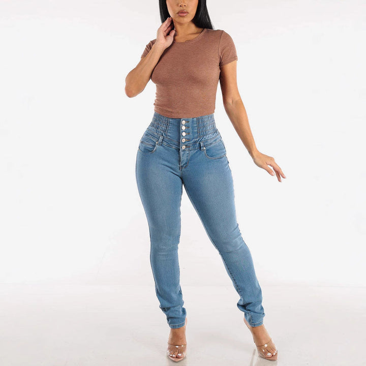 Women's High-Waist Skinny Jeans with Elastic Waistband and Decorative Buttons Lune London