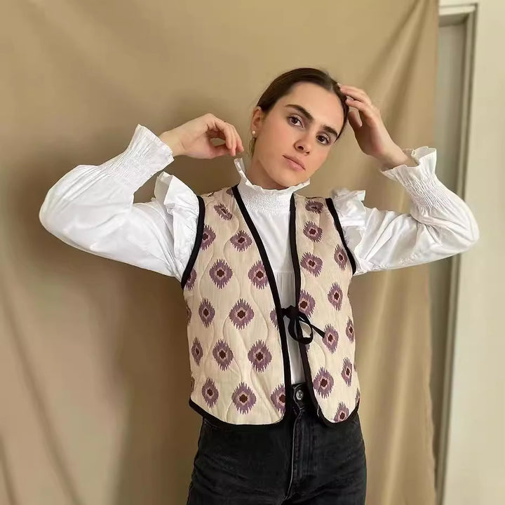 Women Padded Short Quilted Vest with Tie and Allover Print Amarae