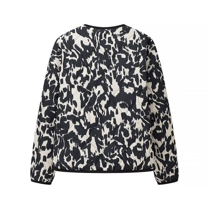 Women Padded Quilted Jacket with Abstract Leopard Print, Boxy Silhouette and Patch Pockets Amarae