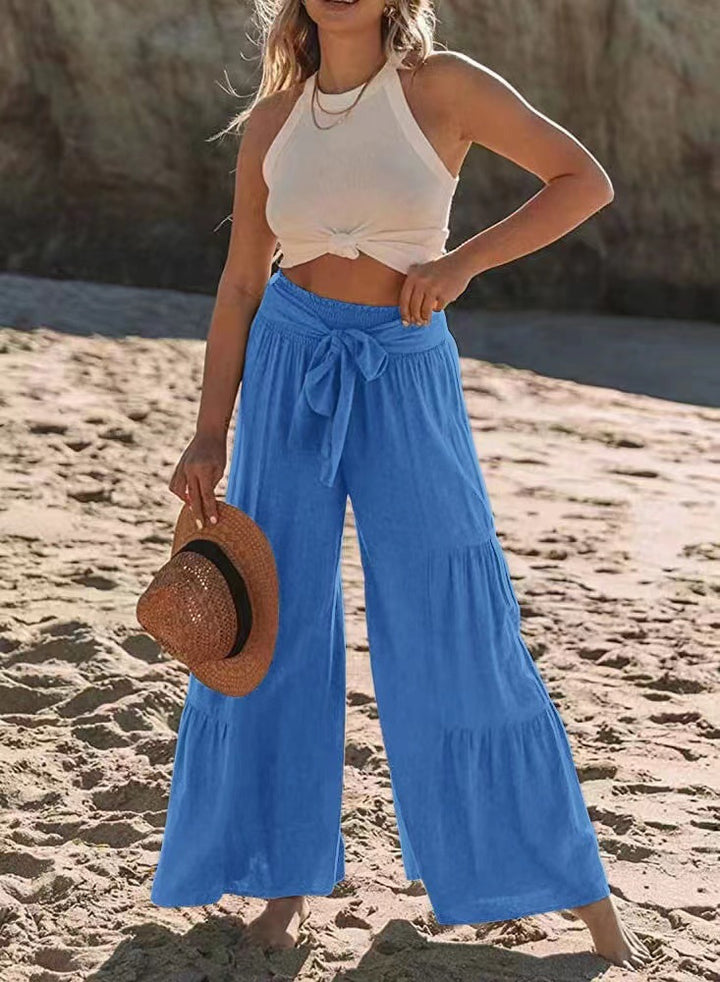 Airy Palazzo Pants for Women with Elastic Waist and Practical Tying Belt Lune London