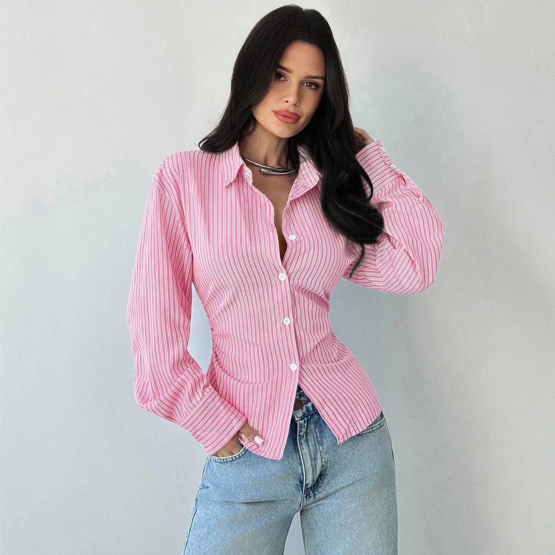 Women's Tailored Striped Shirt Blouse with Lapel Collar and Shaping Waist Amarae
