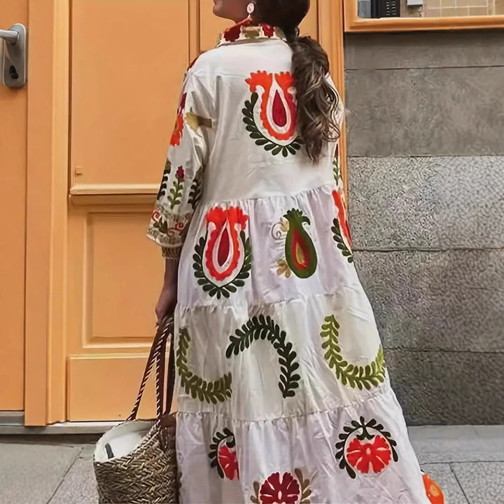 Maxi dress inspired by ethnic style for women with geometric embroidered pattern Lune London