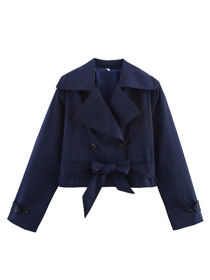 Women Short Double-Breasted Trench Coat with Waist Belt and Wide Lapel Amarae