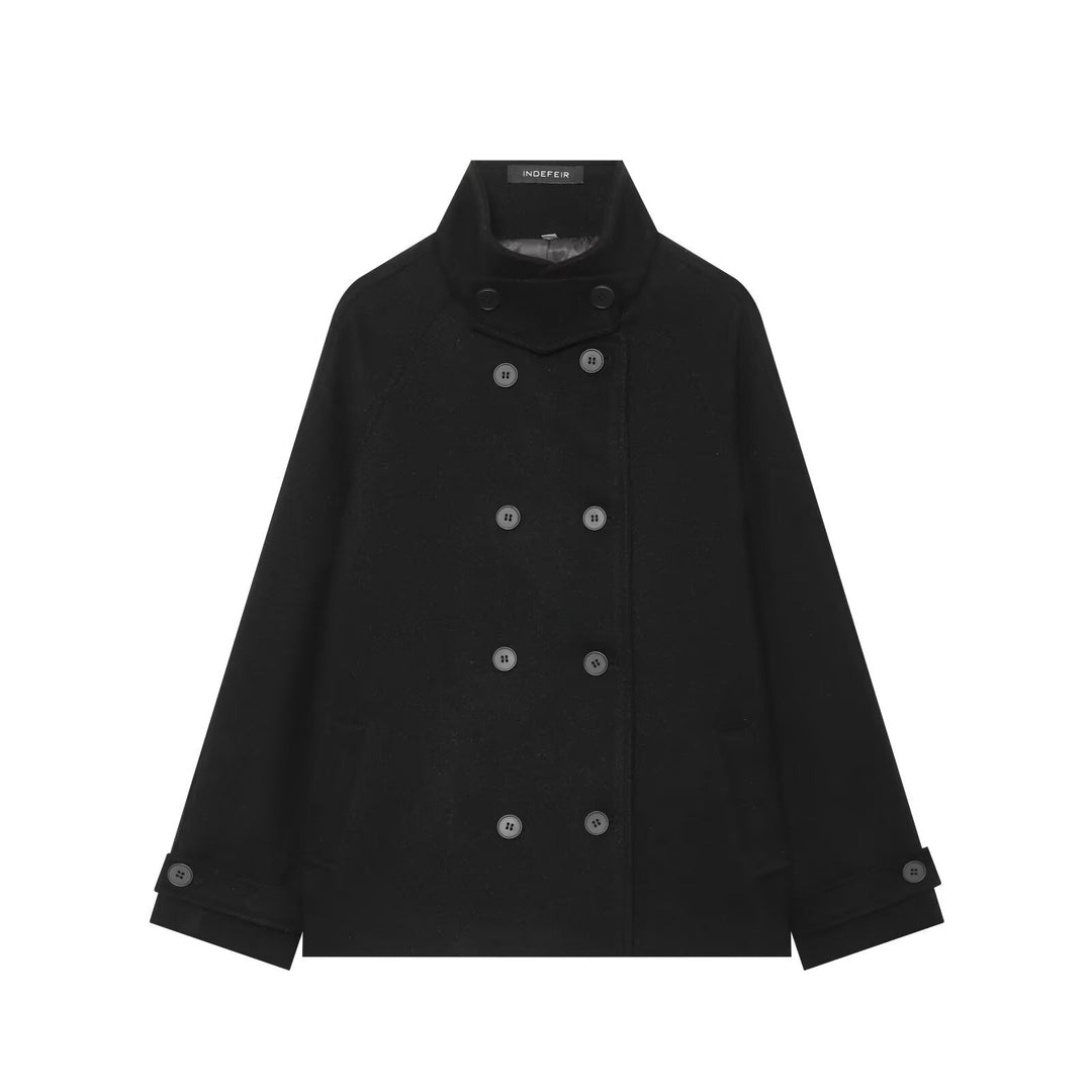 Women's Short Double-Breasted Wool Blend Cape Coat with High Stand Collar Amarae