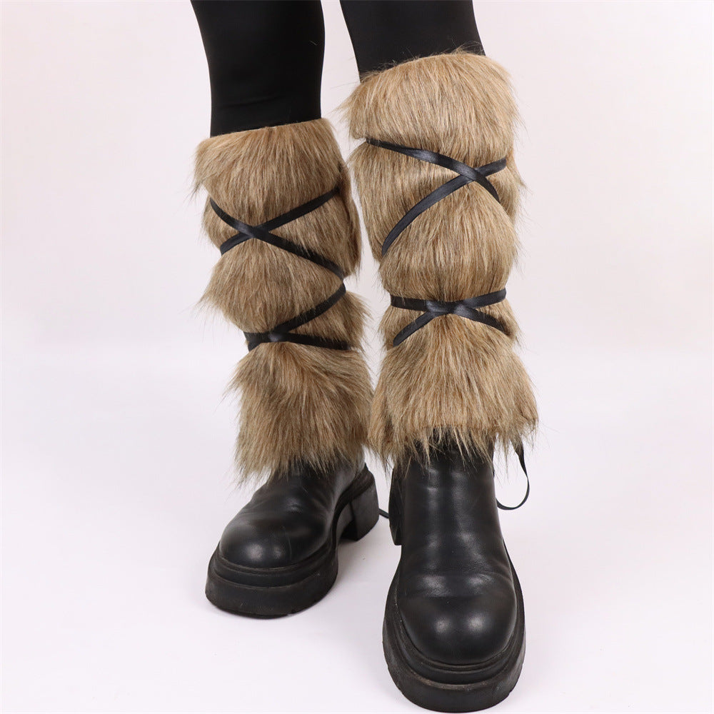 Fashion faux fur leggings for women with chic and stylish tie ribbons