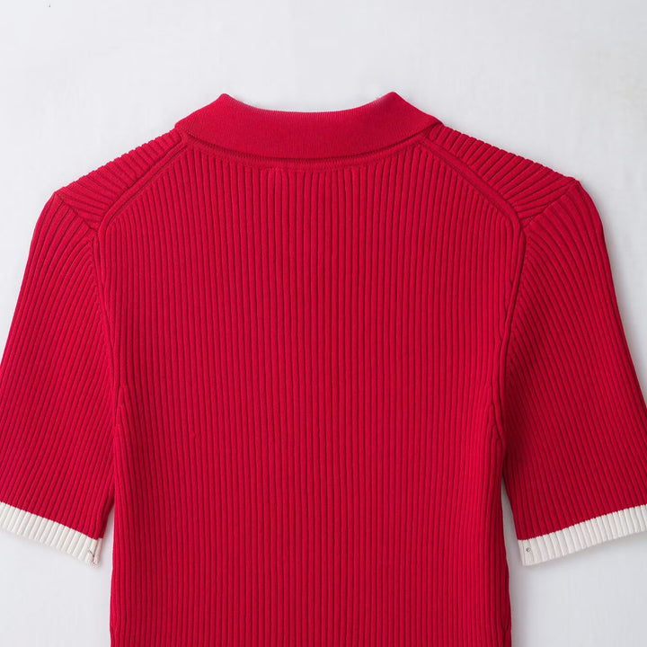 Women Ribbed Short Sleeve Polo Cardigan with Full Zip Amarae