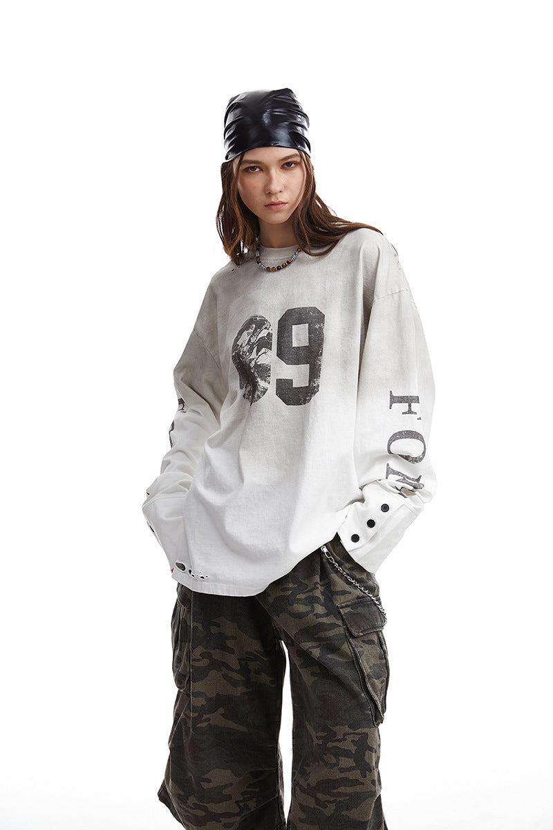 Men's Oversized Long Sleeve Sweatshirt with Print, Extended Cuffs and Used Details Amarae