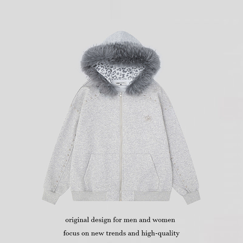 Women's hooded sweat jacket with faux fur trim, leopard lining and decorative studs Amarae