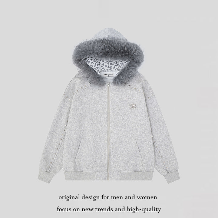 Women's hooded sweat jacket with faux fur trim, leopard lining and decorative studs Amarae