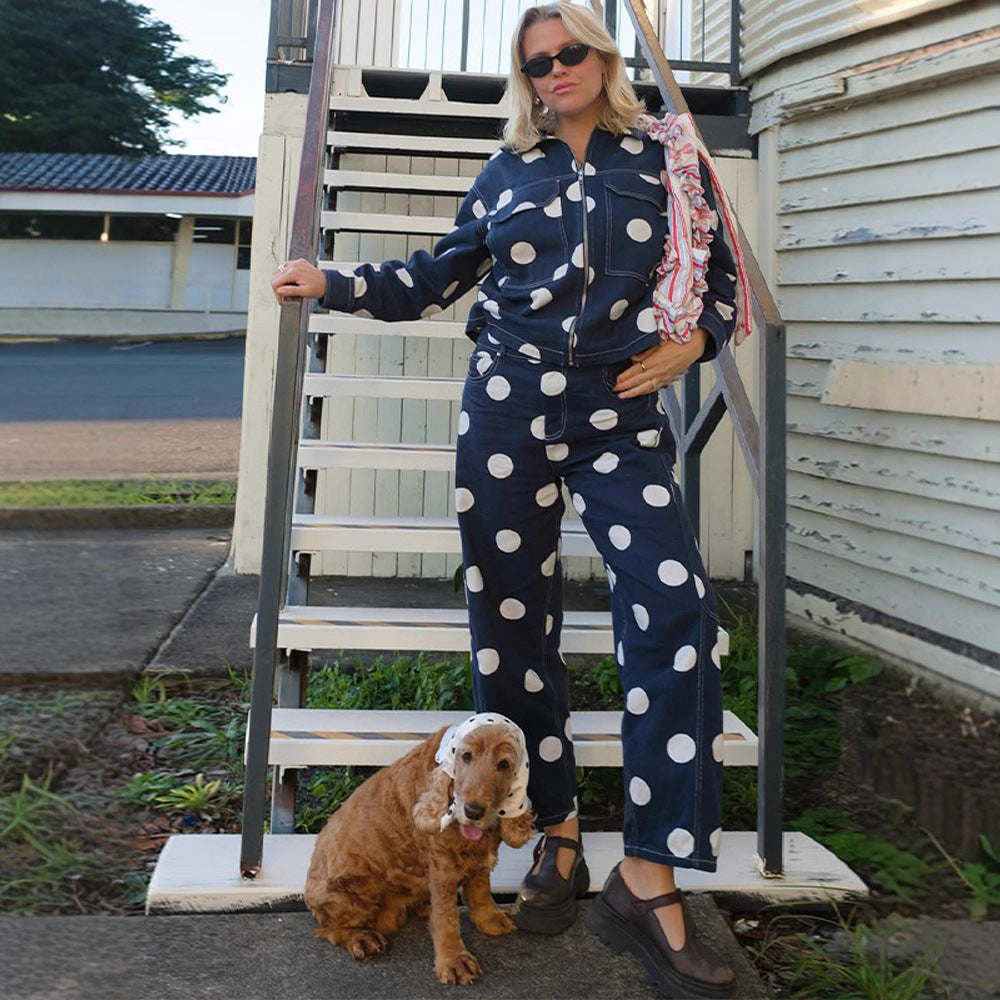 Women's wide cargo pants with high waist, polka dot print and visible contrast stitching Amarae