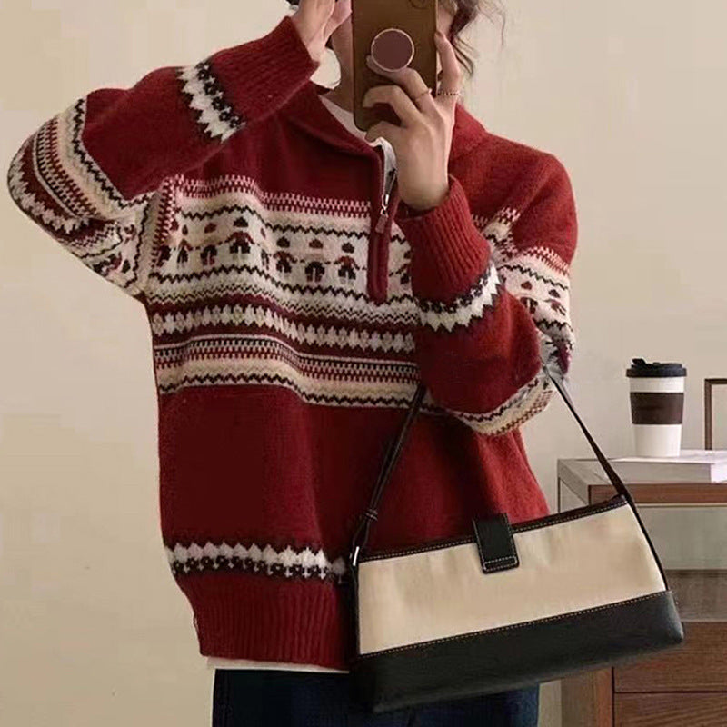 Pull chunky en tricot pour femmes avec col haut et motif norvégien décoratif Chic & Stil