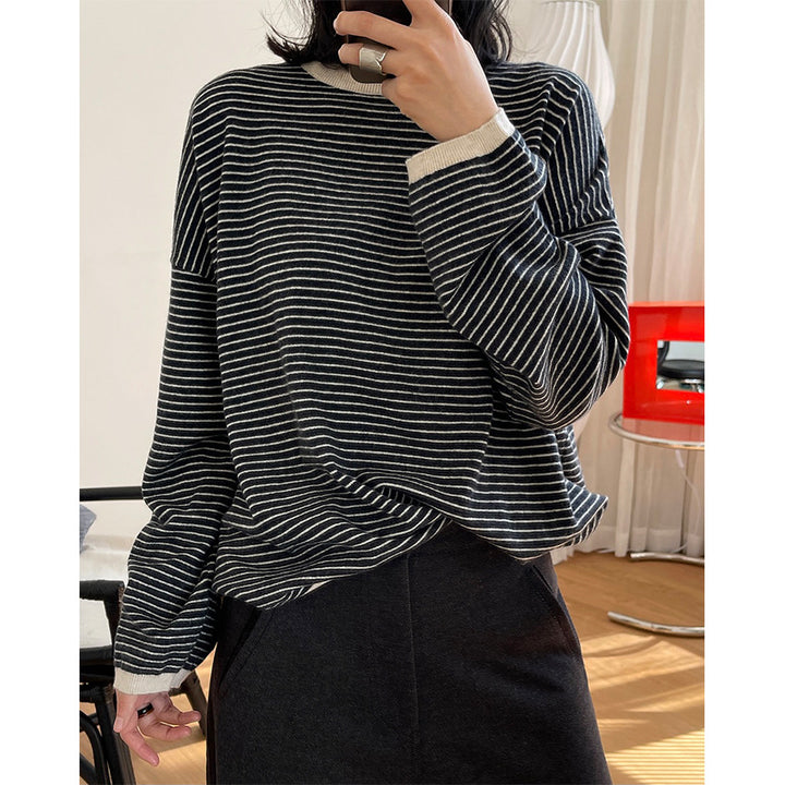 Women's Striped Fine Knit Sweater with Dropped Shoulder and Ribbed Collar Amarae