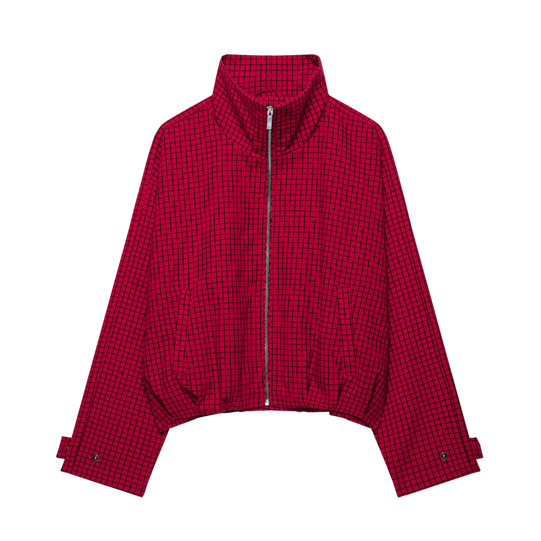 Women Checked Cropped Jacket with Stand-up Collar and Zipper Amarae