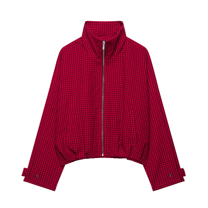 Women Checked Cropped Jacket with Stand-up Collar and Zipper Amarae