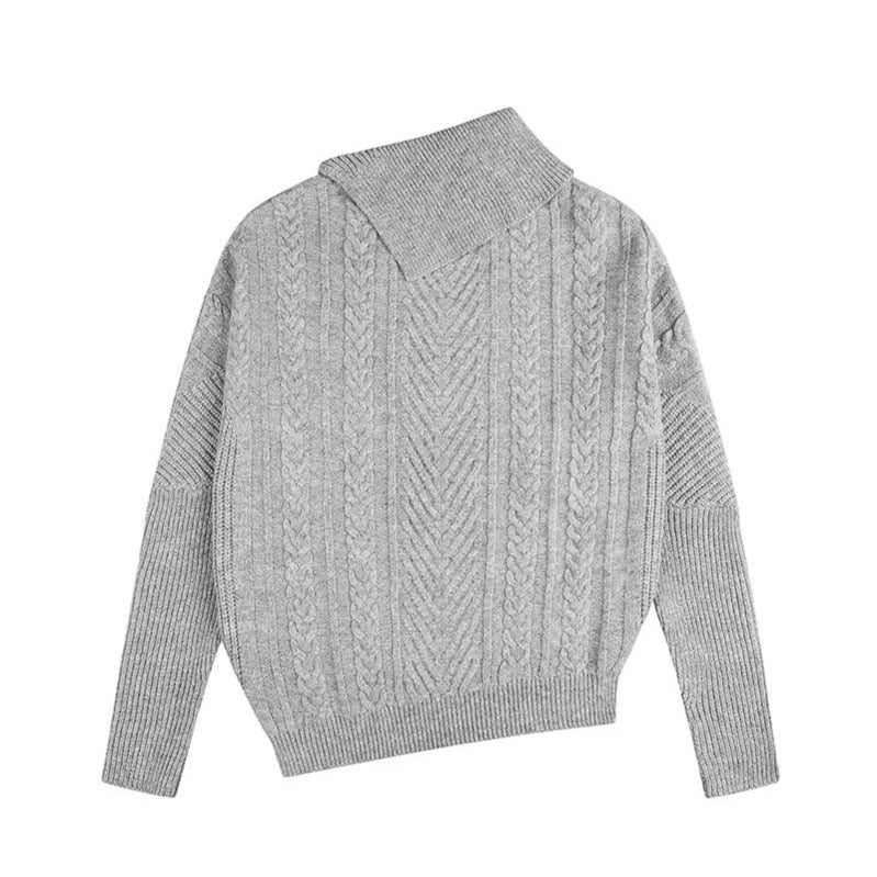 Women's asymmetrical cable knit sweater with diagonal turtleneck and oversized fit Amarae